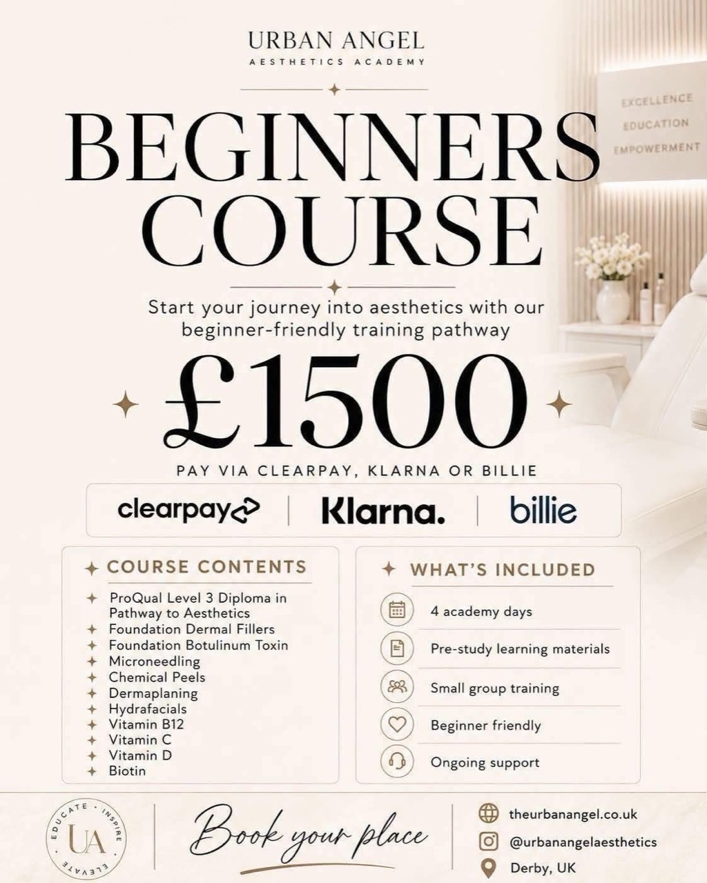 Urban Angel Beginners Course offer: £1,500, four academy days, pre-study materials, small group training and ongoing support. Full course contents are listed above.
